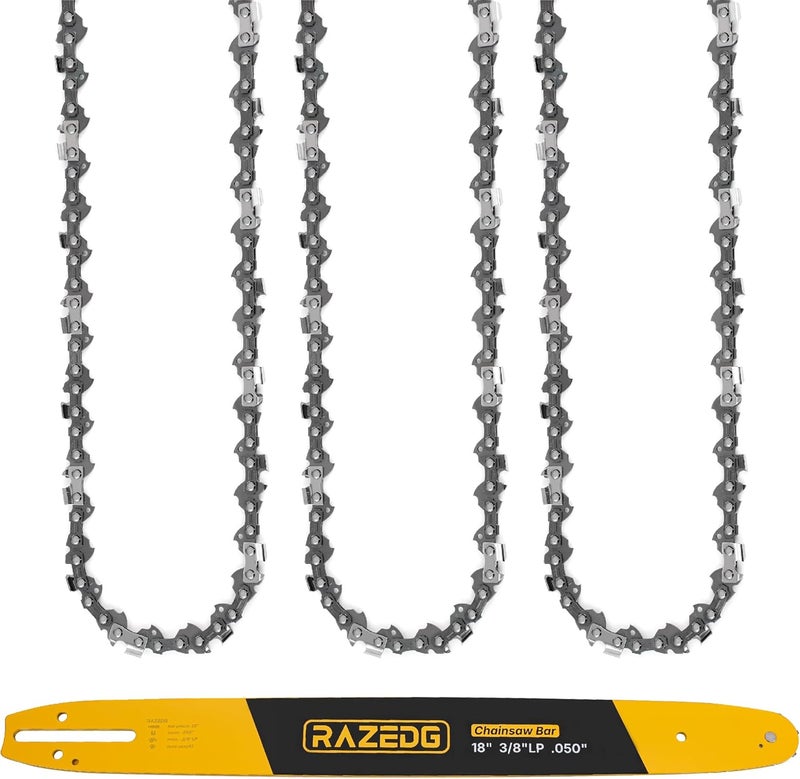 RazEdg 18 Inch Chainsaw Bar and Chain Combo, 3/8" LP Pitch, 050" Gauge, 62 Drive Links Fits Echo Ego Poulan Greenworks Kobalt Husqvarna Ryobi and More (1 Bar + 3 Chains) - Image 1